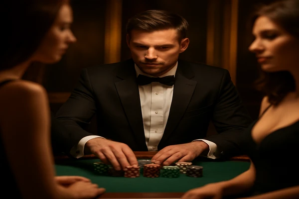 একজন নারী ল্যাপটপে অনলাইন গেম উপভোগ করছেন; চারপাশে জ্বলজ্বল করা ক্যাসিনোর আলোয় পরিবেশটি ভেসে উঠছে