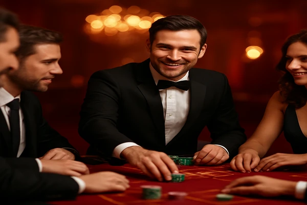 আলো ঝলমলে গেমিং পরিবেশে একজন আত্মবিশ্বাসী ডিলার ব্যবহারকারীদের 89db অ্যাকাউন্টে নিরাপদে প্রবেশ করার আহবান জানাচ্ছেন।